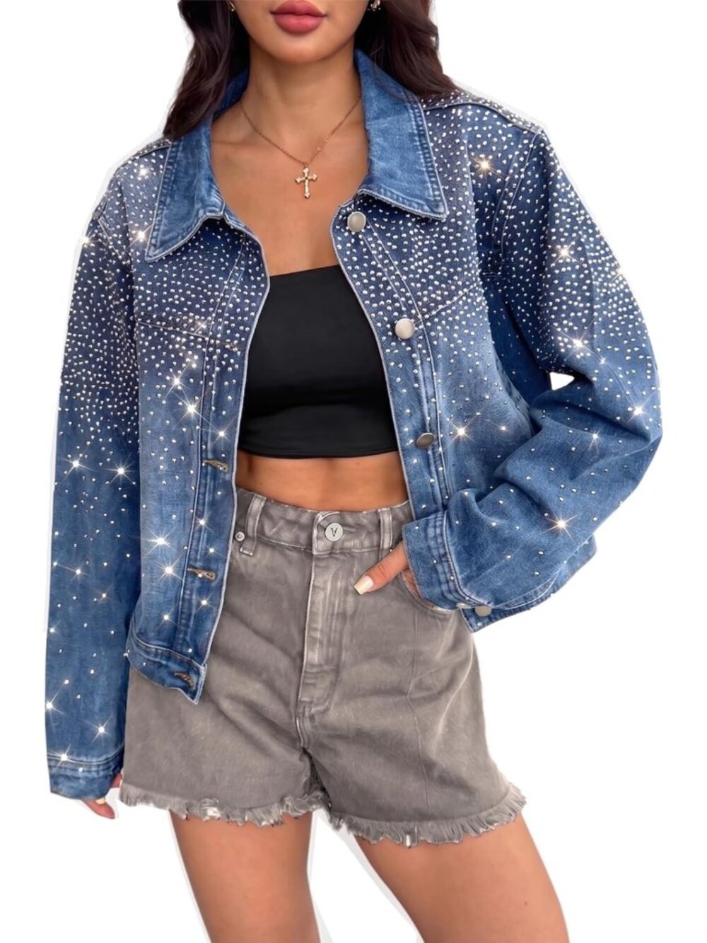 Rhinestone Crop Denim Jacket for Women | Sparkly Button Down Boyfriend Coat